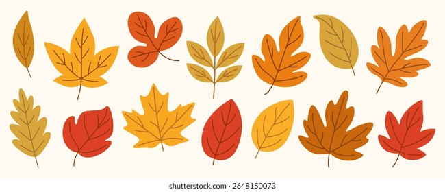Collection of Stylized Autumn Leaves – Flat Hand Drawn Illustration of Colorful Leaves in Warm Hues for Fall Crafts, Paper Design, and Seasonal Projects