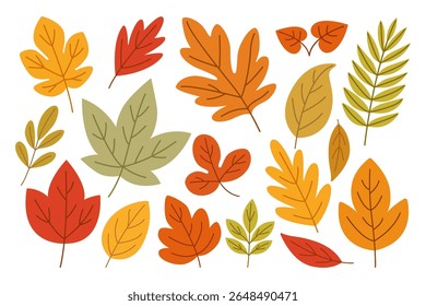 Collection of Stylized Autumn Leaves – Flat Hand Drawn Illustration of Colorful Leaves in Warm Hues for Fall Crafts, Paper Design, and Seasonal Projects