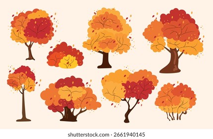 Colección de árboles de otoño estilizados en estilo plano de dibujos animados. Colorido conjunto de follaje de otoño con hojas naranjas, rojas y amarillas en varias Formas de árboles.