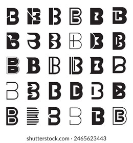 Eine Kollektion stilisierter "B"-Logos mit verschiedenen geometrischen Mustern und Designs, die jeweils von einem unverwechselbaren, verzerrten Text begleitet werden, der innovative Typografie und zeitgenössisches Design zeigt.