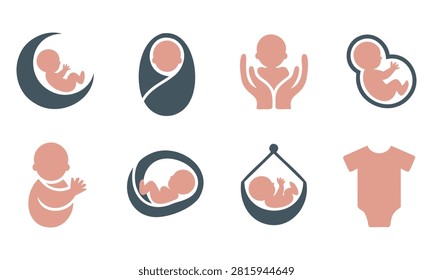 Collection of stylized baby icons representing growth development care and infancy in muted colors