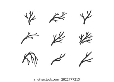 Collection of stylized bare tree branches and leafless twigs in various shapes