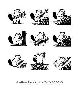 A collection of stylized beaver icons showing the animal building a dam, carrying wood, and working in nature. Perfect for environmental, wildlife, or construction themes.