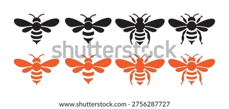 Collection of Stylized Bee and Honeybee Icons. in Black and Orange Silhouettes on White Background.
