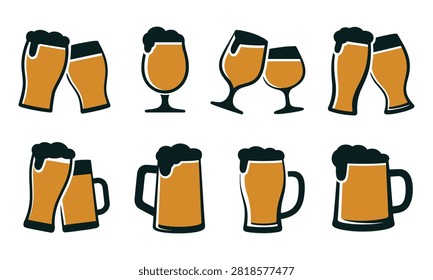 Collection of stylized beer glasses and mugs with frothy foam isolated on a white background