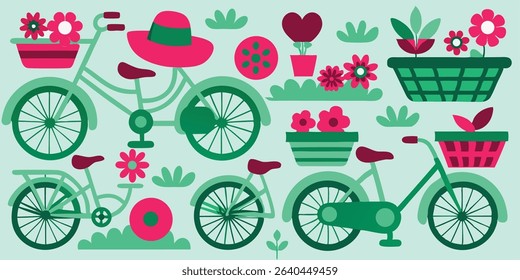 A collection of stylized bicycles, flower baskets, potted plants, and a hat in a flat, colorful illustration style.