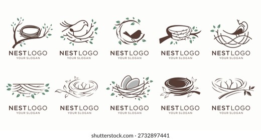 Collection of stylized bird's nests logos with eggs and birds vector set for logos and design elements