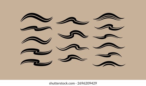 Una colección de estilizadas líneas de pinceladas negras y curvas sobre un fondo beige texturizado, que se asemejan a ondas abstractas o caligrafía.