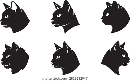 Collection of Stylized Black Cat Head Silhouettes in Profile Vie