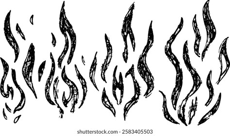 A collection of stylized black flame illustrations, showcasing various shapes and sizes of flames. The design has a textured, hand-drawn appearance, suitable for graphic design and artistic projects.