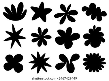A collection of stylized black flower silhouettes in various shapes and sizes, designed with a minimalist aesthetic.