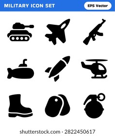 A collection of stylized black icons representing various pieces of military equipment. The set includes a tank, jet fighter, submarine, missile, helicopter, assault rifle, combat boot, dog tags, and a hand grenade.