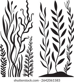 A collection of stylized black plant silhouettes against a white background features various leaf and stem forms with organic shapes and simple lines creating a minimalist botanical illustration.