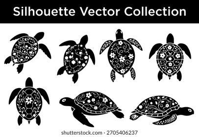 A collection of stylized black silhouette vector illustrations of sea turtles, featuring intricate floral and swirling patterns on their shells.