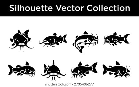 A collection of stylized black silhouette vector illustrations of various catfish species.