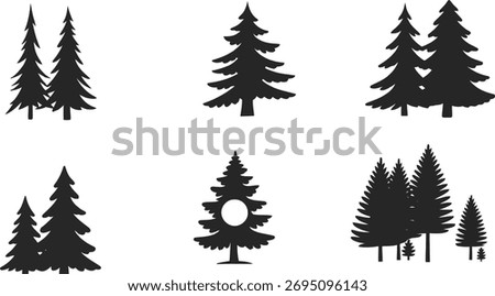 Collection of stylized black silhouettes of various evergreen trees, including pine and fir, on a white background.