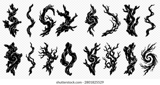 A collection of stylized black tree branches and roots, featuring twisted, gnarled, and organic shapes suitable for fantasy designs.