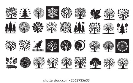 collection of stylized black tree and foliage icons featuring various designs, including bare branches, leafy trees, and seasonal motifs. Ideal for creative projects