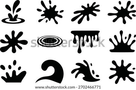 Collection of stylized black water splash and droplet icons vector illustration