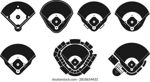 Collection of stylized black and white baseball and softball field diagrams depicting stadium layouts, diamond designs, infield, outfield, and sports illustration concepts