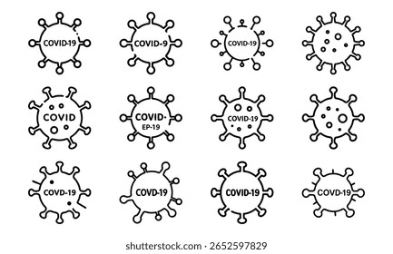 Coleção de ícones estilizados de coronavírus preto e branco que retratam a covid-19 em um estilo de design plano.