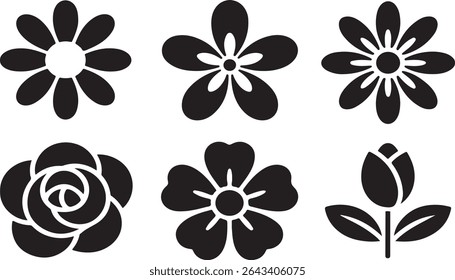 Collection of stylized black and white flower icons perfect for design elements
