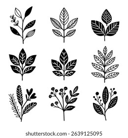 Collection of stylized black and white leaf illustrations, Boho art.
