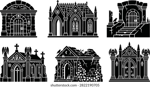 A collection of stylized black and white mausoleum designs featuring gothic architecture and weathered textures ideal for creating a haunting or historical visual narrative.