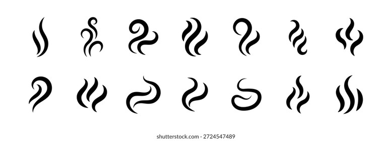 Colección de iconos estilizados de humo y vapor en blanco y negro. Conjunto de logotipo de Vector de icono de vapor de Smoke. Ilustración de ícono de calor de aroma de vapor, olor de Smoke. Doodle de fuego de vapor caliente.