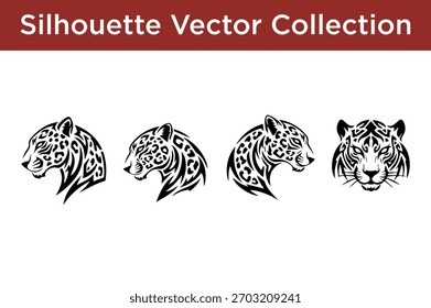 Kollektion stilisierter schwarz-weißer Vektorsilhouetten aus Jaguar- und Tigerköpfen mit Stammesmustern.