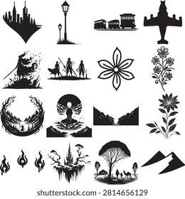 A collection of stylized black and white vector icons depicting various fantasy forest elements, including trees, flowers, lanterns, mountains, and mystical creatures. Perfect for illustrating fantasy themes, storybook covers, or magical settings in digital projects.