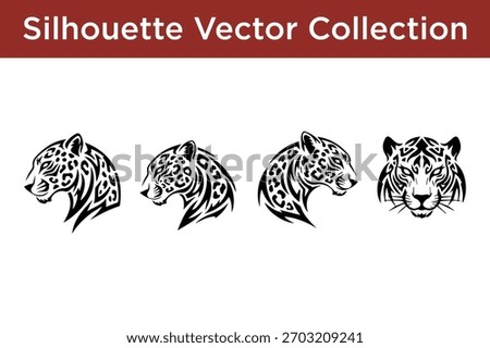 Collection of stylized black and white vector silhouettes of jaguar and tiger heads with tribal patterns.