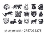A collection of stylized black and white wild cat illustrations featuring leopards, panthers, and jaguars with tribal patterns, paw prints, and varied poses.