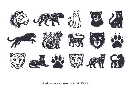 A collection of stylized black and white wild cat illustrations featuring leopards, panthers, and jaguars with tribal patterns, paw prints, and varied poses.