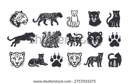 A collection of stylized black and white wild cat illustrations featuring leopards, panthers, and jaguars with tribal patterns, paw prints, and varied poses.