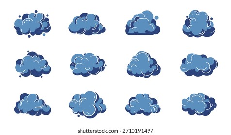 A collection of stylized blue cloud illustrations in various shapes and details, perfect for weather icons, sky elements, or graphic design projects.