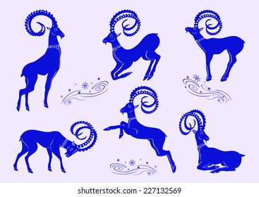 Collection of stylized blue mountain goats, a symbol of New Year. Every object is on a individual layer