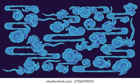 Collection of stylized blue oriental cloud motifs vector