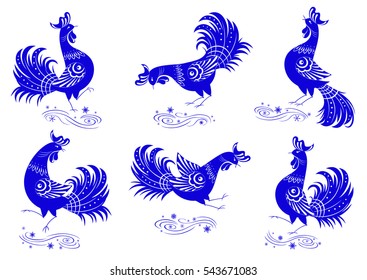 Collection of stylized blue roosters with decorative ornaments, can be easily painted in any color. Every object is on an individual layer