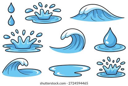 Coleção de água azul estilizada respinga gotas e ondas com realces brancos e contornos pretos líquido
