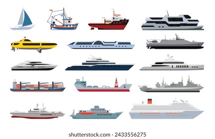 A collection of stylized boats and vessels. Flat icons representing different types of ships.