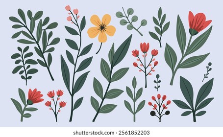 A collection of stylized botanical illustrations featuring various types of leaves and berries.