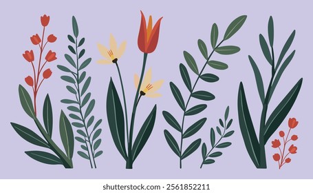 A collection of stylized botanical illustrations featuring various types of leaves and berries.