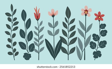 A collection of stylized botanical illustrations featuring various types of leaves and berries. 