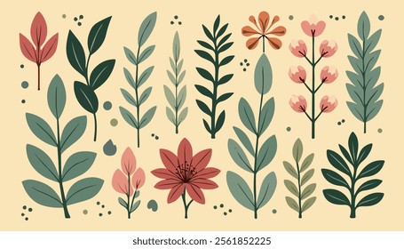 A collection of stylized botanical illustrations featuring various types of leaves and berries. 