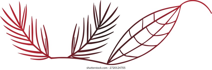 Uma coleção de ilustrações estilizadas de vetores botânicos que mostram várias folhas e formas vegetais, renderizadas com um gradiente vibrante de vermelho carmesim a vermelho profundo, enfatizando a beleza orgânica