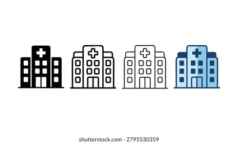 A collection of stylized building icons representing a medical hospital with a prominent cross symbol on the facade isolated on transparent backgrounds