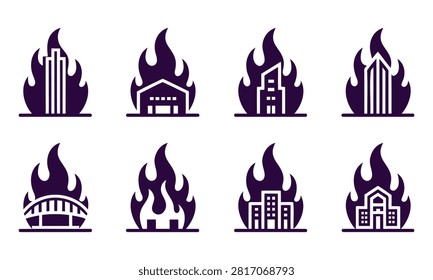 Collection of stylized building and structure icons engulfed in flames representing fire disasters