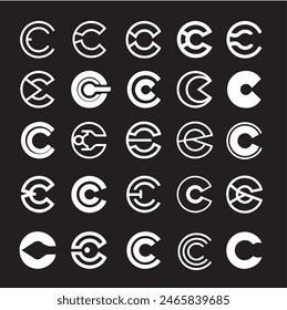 A collection of stylized "C" logos featuring various geometric designs and patterns, each accompanied by creative, distorted text beneath, highlighting modern typography and innovative graphic design.