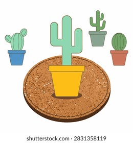 Collection of stylized cactus illustrations on a textured cork surface.